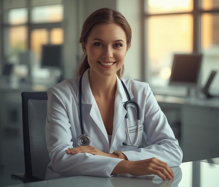 lucid-origin_A_confident_female_physician_sitting_at_a_sleek_medical_office_desk_white_lab_co-0