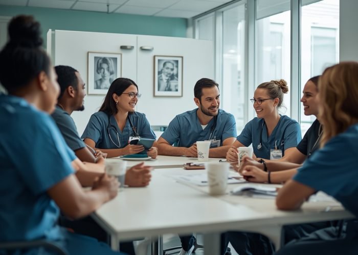 lucid-origin_A_diverse_group_of_doctors_and_nurses_in_scrubs_having_a_team_meeting_in_a_moder-0