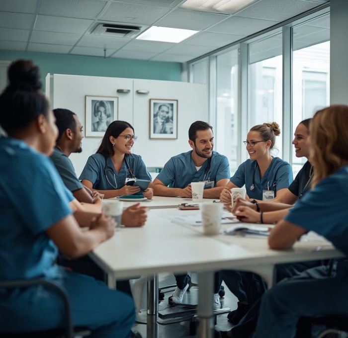 lucid-origin_A_diverse_group_of_doctors_and_nurses_in_scrubs_having_a_team_meeting_in_a_moder-0