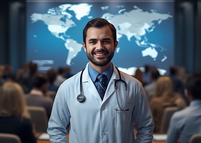 lucid-origin_A_male_doctor_in_a_white_lab_coat_stethoscope_standing_in_front_of_a_world_map_p-0
