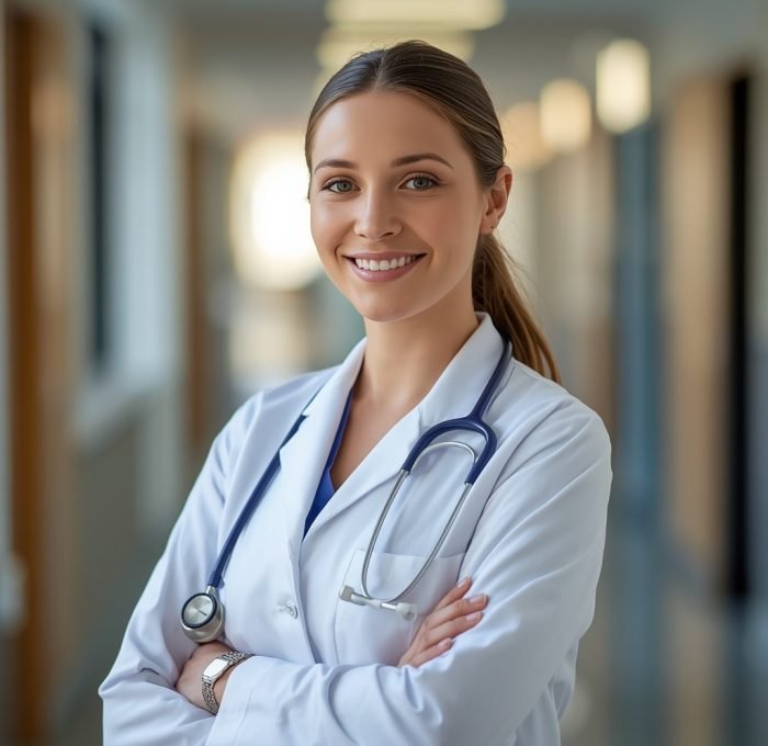 lucid-origin_A_professional_female_doctor_in_a_crisp_white_lab_coat_stethoscope_draped_around-0