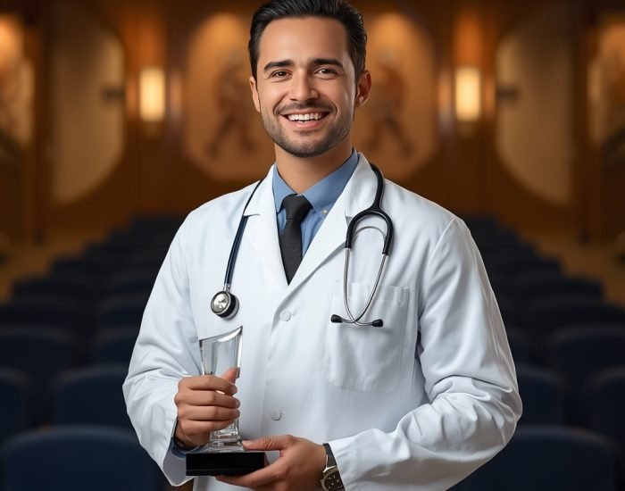 lucid-origin_A_proud_male_doctor_in_a_pristine_white_lab_coat_stethoscope_around_neck_holding-0