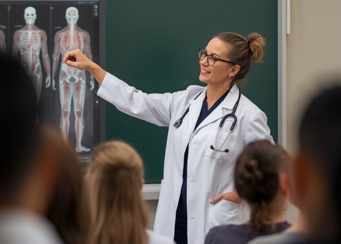 lucid-origin_A_senior_female_doctor_professor_in_a_white_lab_coat_stethoscope_standing_in_fro-0