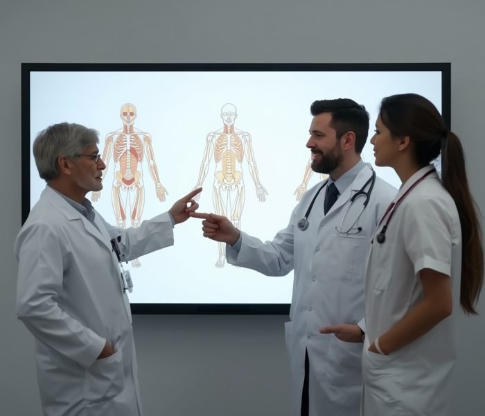 lucid-origin_A_senior_female_male_and_young_doctor_pointing_to_anatomical_diagrams_on_a_smart-0