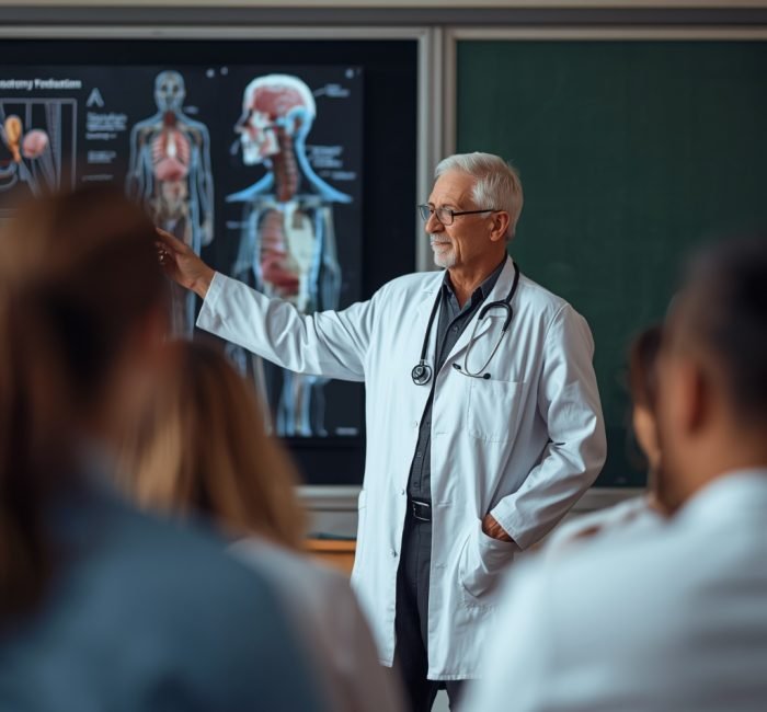 lucid-origin_A_senior_meeting_doctor_professor_in_a_white_lab_coat_stethoscope_standing_in_fr-0