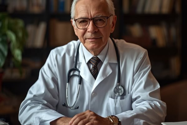 lucid-origin_An_elderly_experienced_male_doctor_sitting_at_his_desk_with_medical_books_warm_o-0