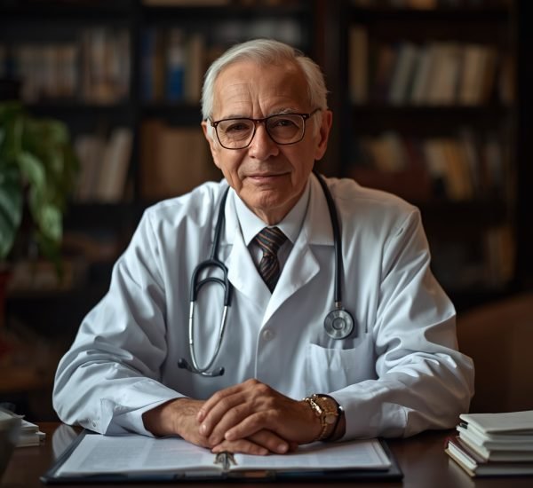 lucid-origin_An_elderly_experienced_male_doctor_sitting_at_his_desk_with_medical_books_warm_o-0