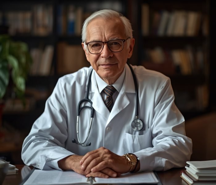 lucid-origin_An_elderly_experienced_male_doctor_sitting_at_his_desk_with_medical_books_warm_o-0